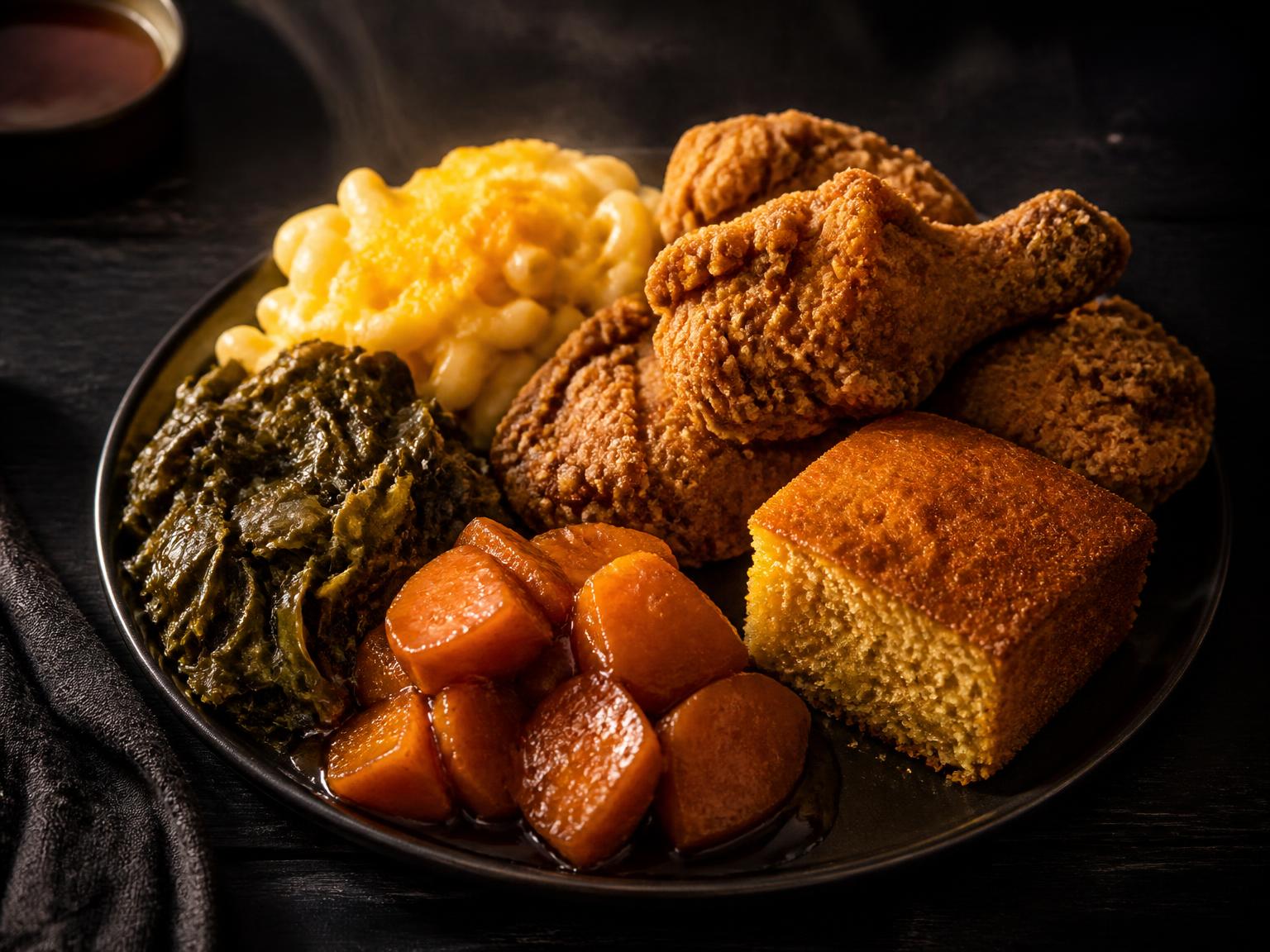 Southern soul food plate with fried chicken, macaroni and cheese, collard greens, candied yams and cornbread